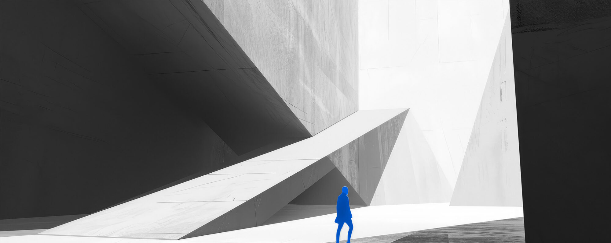 Retail experience friction concept showing a person navigating complex architectural paths, representing challenges and opportunities in customer journeys
