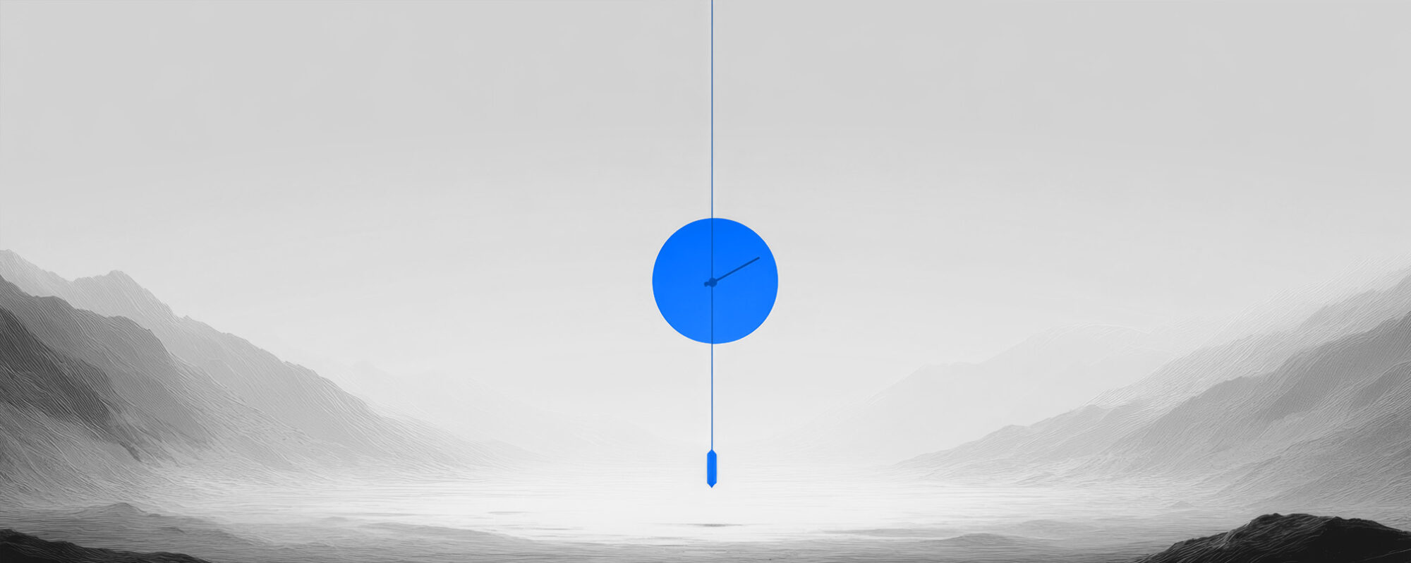 Government digital trust concept showing a suspended clock over a landscape, symbolizing transparency, timing, and reliability in public services