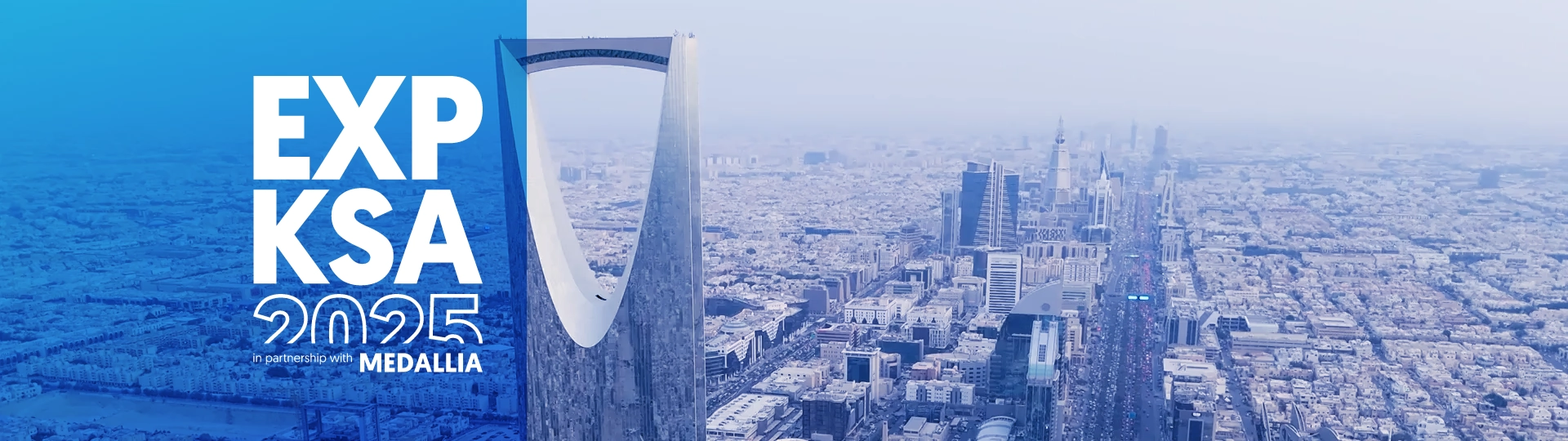 EXP KSA 2025 Medallia event banner with Riyadh skyline highlighting customer experience and digital transformation conference